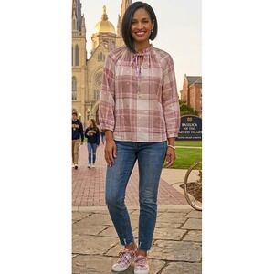 Women's harve benard mauve, light rose, plaid with gold accents blouse, Small